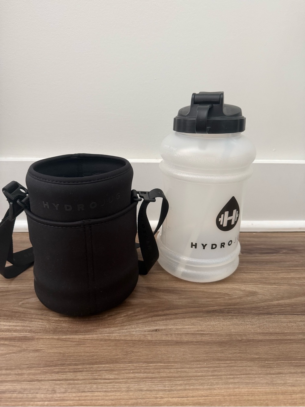 HydroJug White Bottle with Black Flip Lid and Black Neoprene Sleeve